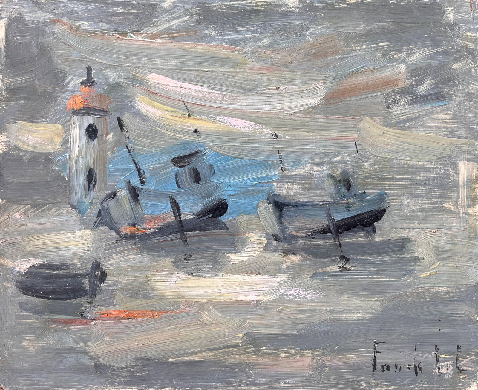 Fanch Lel; Bateaux French Impressionist Oil Painting of Fishing Boats and Lighthouse (1 of 17)