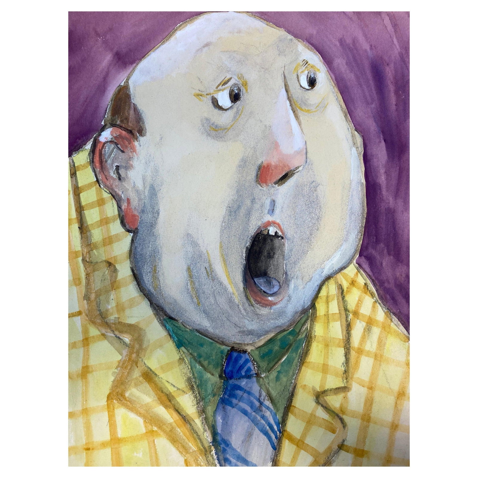 1960's French Portrait Jaw Dropped Man Caricature, circa 1960s: Title: 1960's French Portrait Jaw Dropped Man Caricature, circa 1960s Description: French Character Portrait French school, Mid 20th Century Gouache paint on unframed paper signed lower corner Image :
