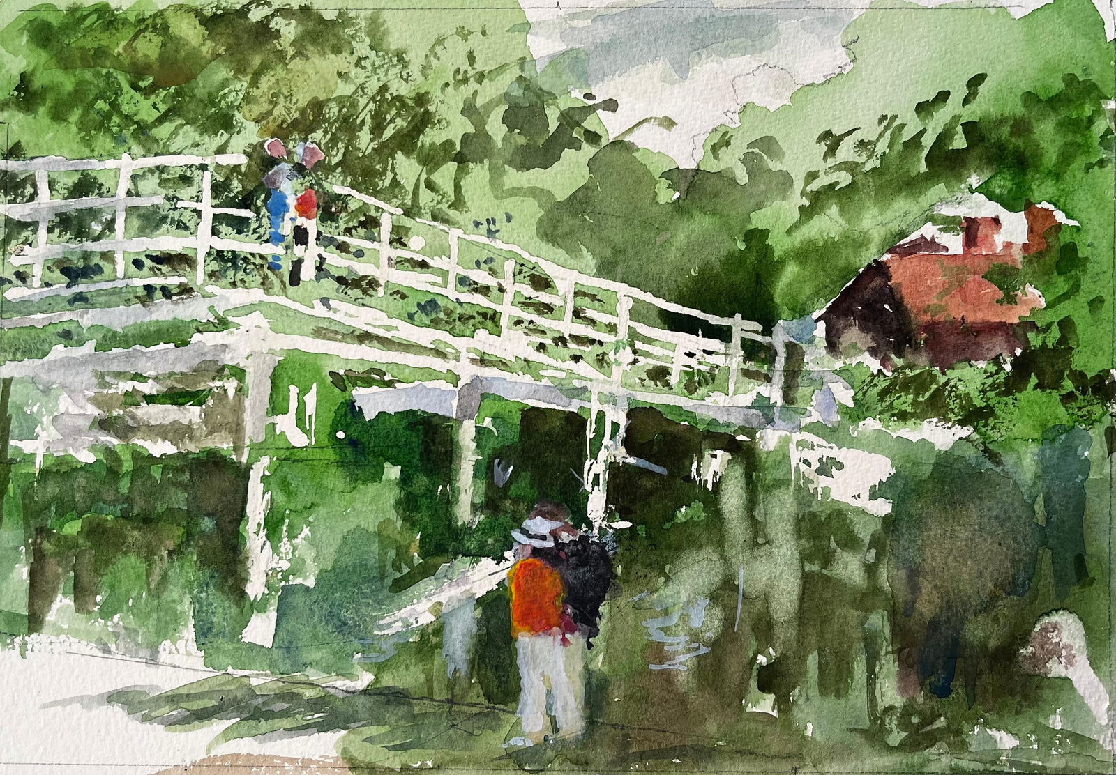 Anthony Herbert; Flatford Mill Suffolk White Footbridge and Figures in Summer Landscape: Title: Anthony Herbert; Flatford Mill Suffolk White Footbridge and Figures in Summer Landscape Description: Southwold Harbour with Boatsheds Moored Vessels Peugeot Car and Cloudy Sky By Tony Herbert (