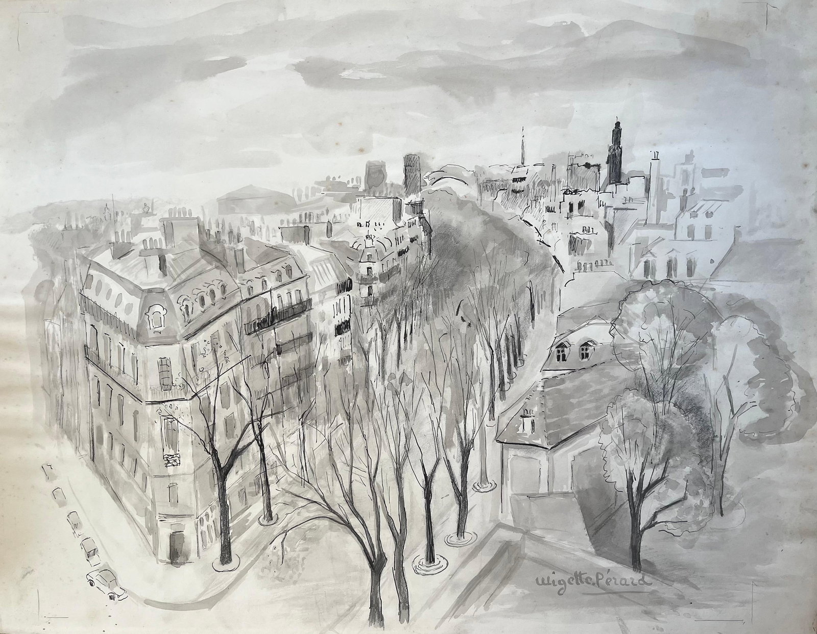 Anne Marie Migette Perard; French Mid-Century Ink and Wash Drawing of Parisian Boulevard and (1 of 11)