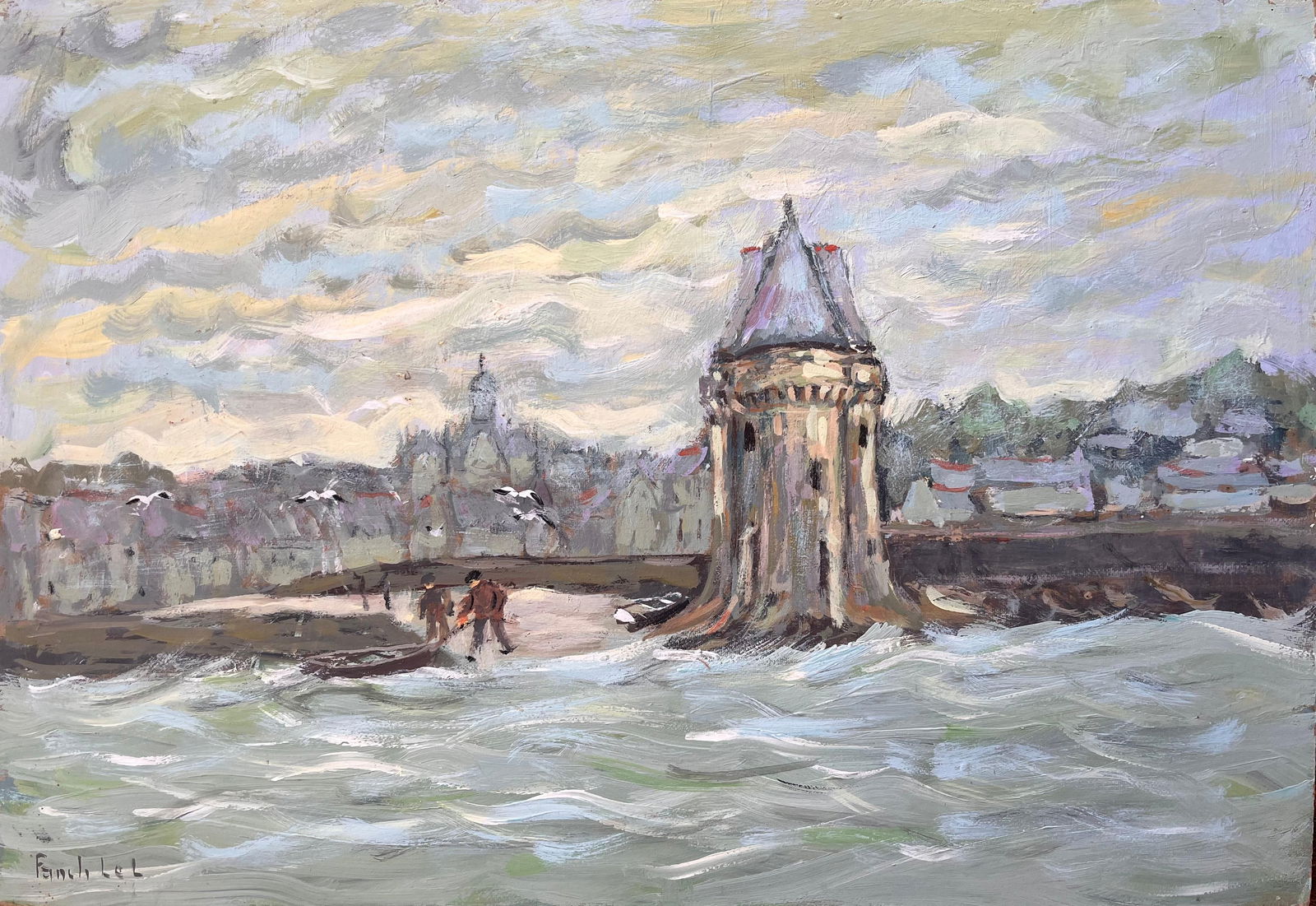 Fanch Lel; Impressionist Riverfront Scene with Tower Boats and Seagulls Under Clouded Sky: Title: Fanch Lel; Impressionist Riverfront Scene with Tower Boats and Seagulls Under Clouded Sky Description: Impressionist Coastal Farm Scene with Horse Cart Driver Cottages and Moody Sky By Fanch Le