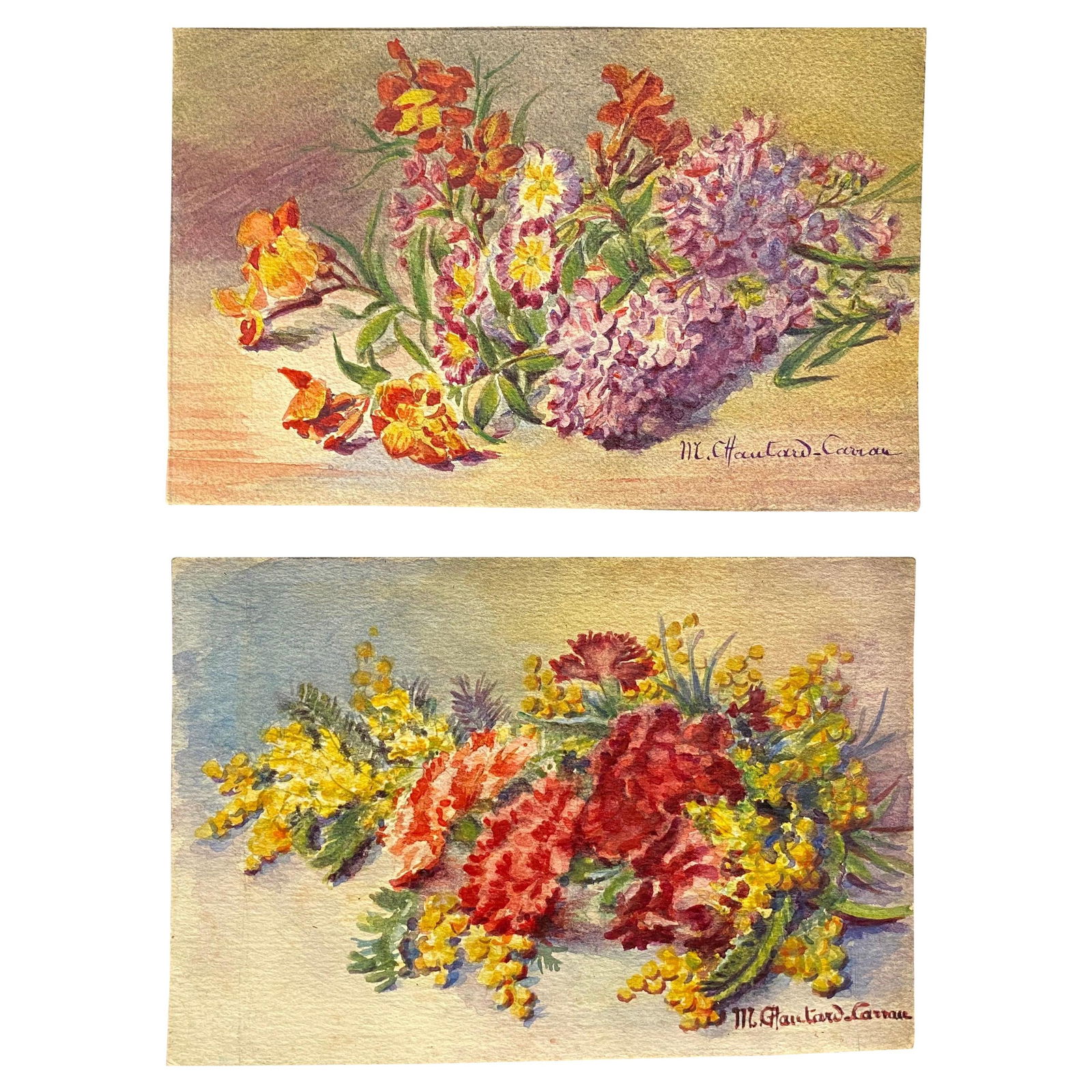 Early 1900's French Impressionist Signed Flower Watercolours y Marie Carreau, circa 1900s - 2