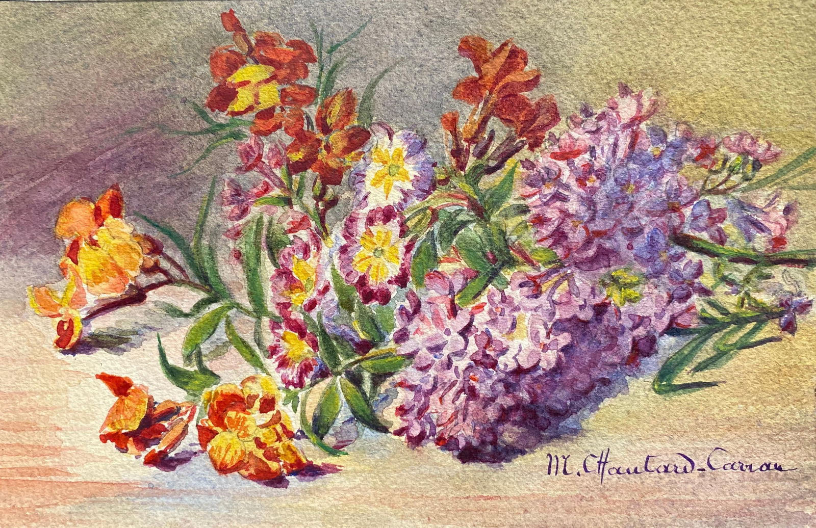 Early 1900's French Impressionist Signed Flower Watercolours y Marie Carreau, circa 1900s - 3