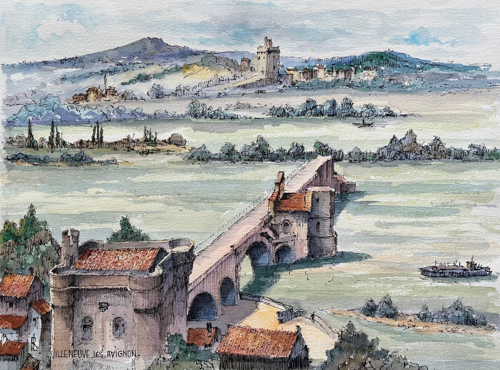 Robert Lepine (1929 - 2017); Avignon Watercolor of Pont Saint-Bénézet and: Title: Robert Lepine (1929 - 2017); Avignon Watercolor of Pont Saint-Bénézet and Villeneuve-lès-Avignon, 20th century Description: Ballet Duet by Annie Faure (French 1940-2021) signed