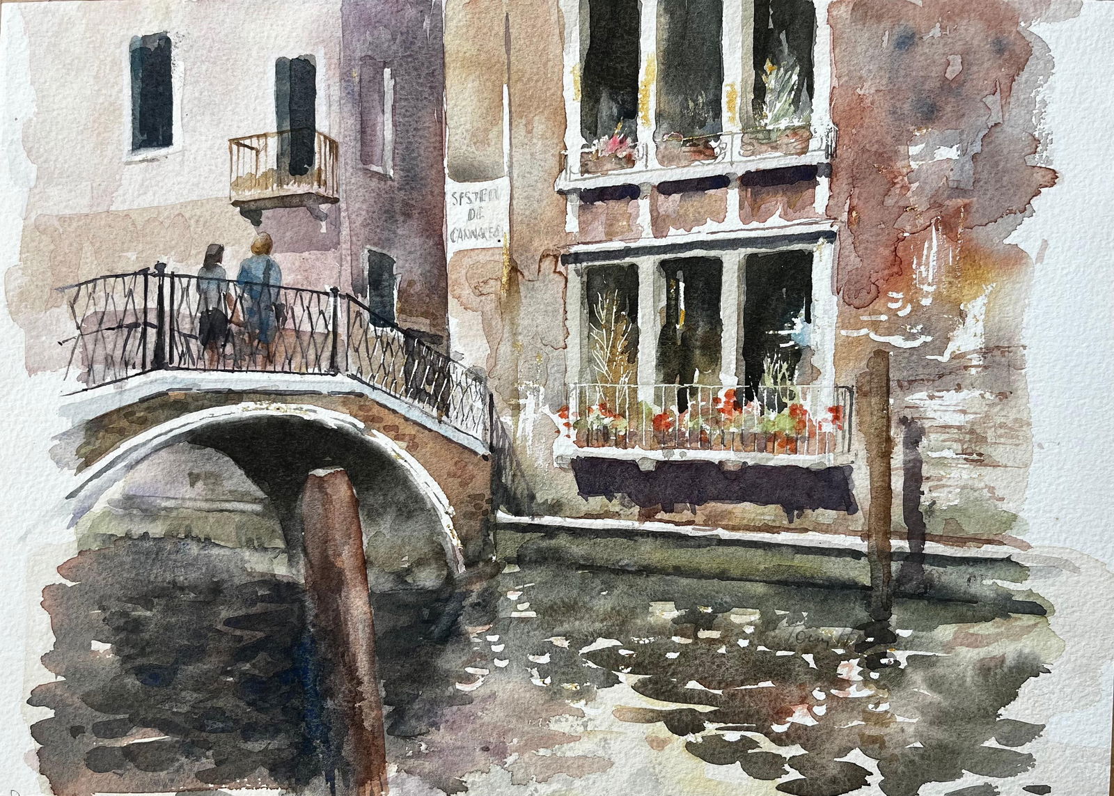 Anthony Herbert; Venice Canal Bridge Scene With Flower Boxes And Reflections Original Watercolour: Title: Anthony Herbert; Venice Canal Bridge Scene With Flower Boxes And Reflections Original Watercolour Description: Continental Café Scene With Yellow Striped Awnings And Figures In
