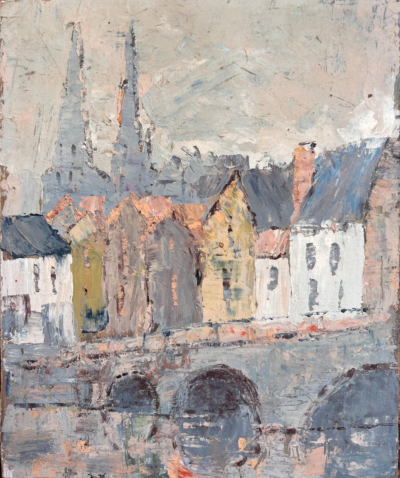 Fanch Lel; French Impressionist Cathedral and Bridge Scene with Soft Pastel Palette: Title: Fanch Lel; French Impressionist Cathedral and Bridge Scene with Soft Pastel Palette Description: French Impressionist Harbour Scene with Sailboats at Sunset By Fanch Lel Signed: Yes Size: