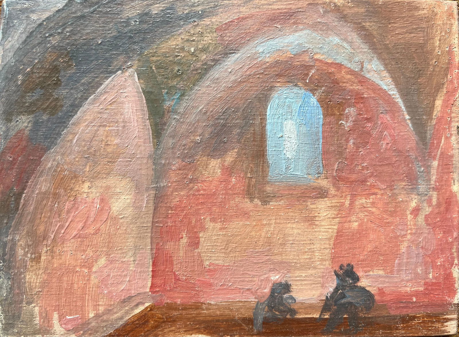 Bernadette Kelly; French Impressionist Oil Painting of an Arched Interior with Figures: Title: Bernadette Kelly; French Impressionist Oil Painting of an Arched Interior with Figures Description: Abstract Expressionist Composition signed by Gilbert Pelissier (French born 1924) oil