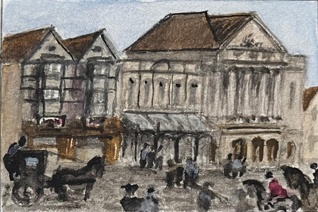 Jack Grunwell; Historic Miniature Watercolor of the Theatre Royal in Bristol, 2008: Title: Jack Grunwell; Historic Miniature Watercolor of the Theatre Royal in Bristol, 2008 Description: Coastal Cliffs: by Georges Bordonave (French contemporary) signed oil painting on canvas, framed