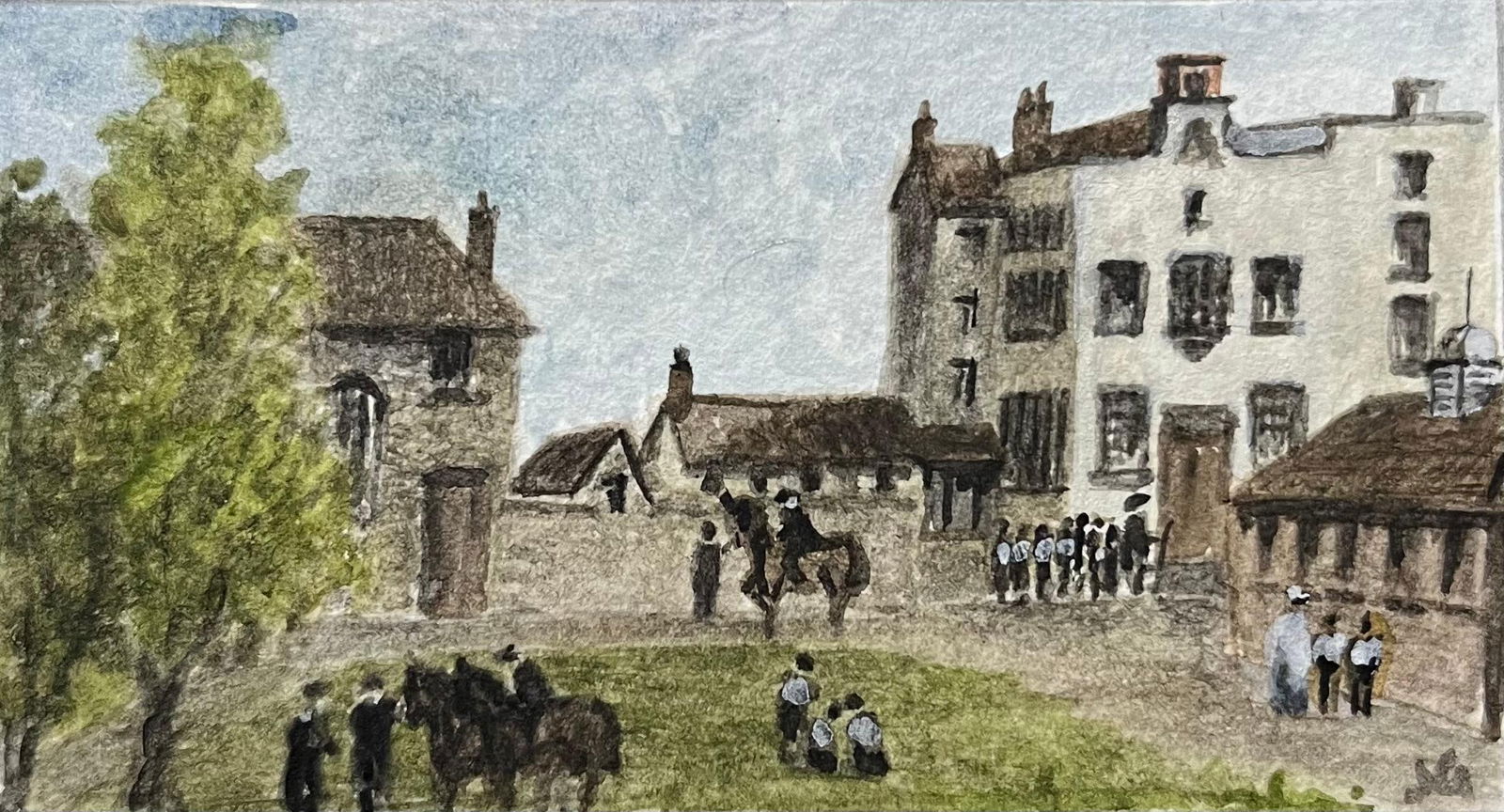 Jack Grunwell; Historic Miniature Watercolor of John Wesley’s Kingswood School: Title: Jack Grunwell; Historic Miniature Watercolor of John Wesley’s Kingswood School Description: Abstract Expressionist Composition by Gilbert Pelissier (French born 1924) oil painting on