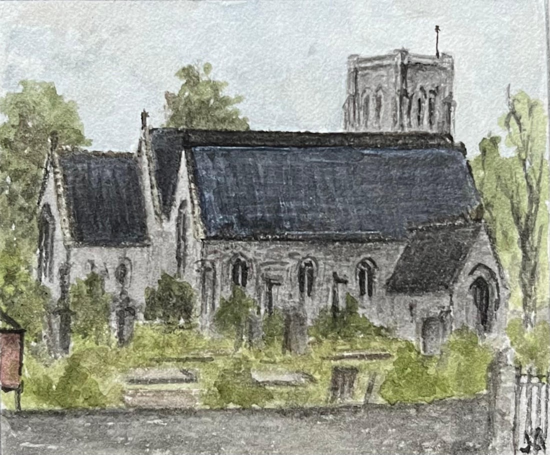 Jack Grunwell; Miniature Watercolor of St. Michael the Archangel at Two Mile Hill: Title: Jack Grunwell; Miniature Watercolor of St. Michael the Archangel at Two Mile Hill Description: Historic Miniature Watercolor of Theatre Royal and Coopers' Hall in King Street by Jack Grunwell,