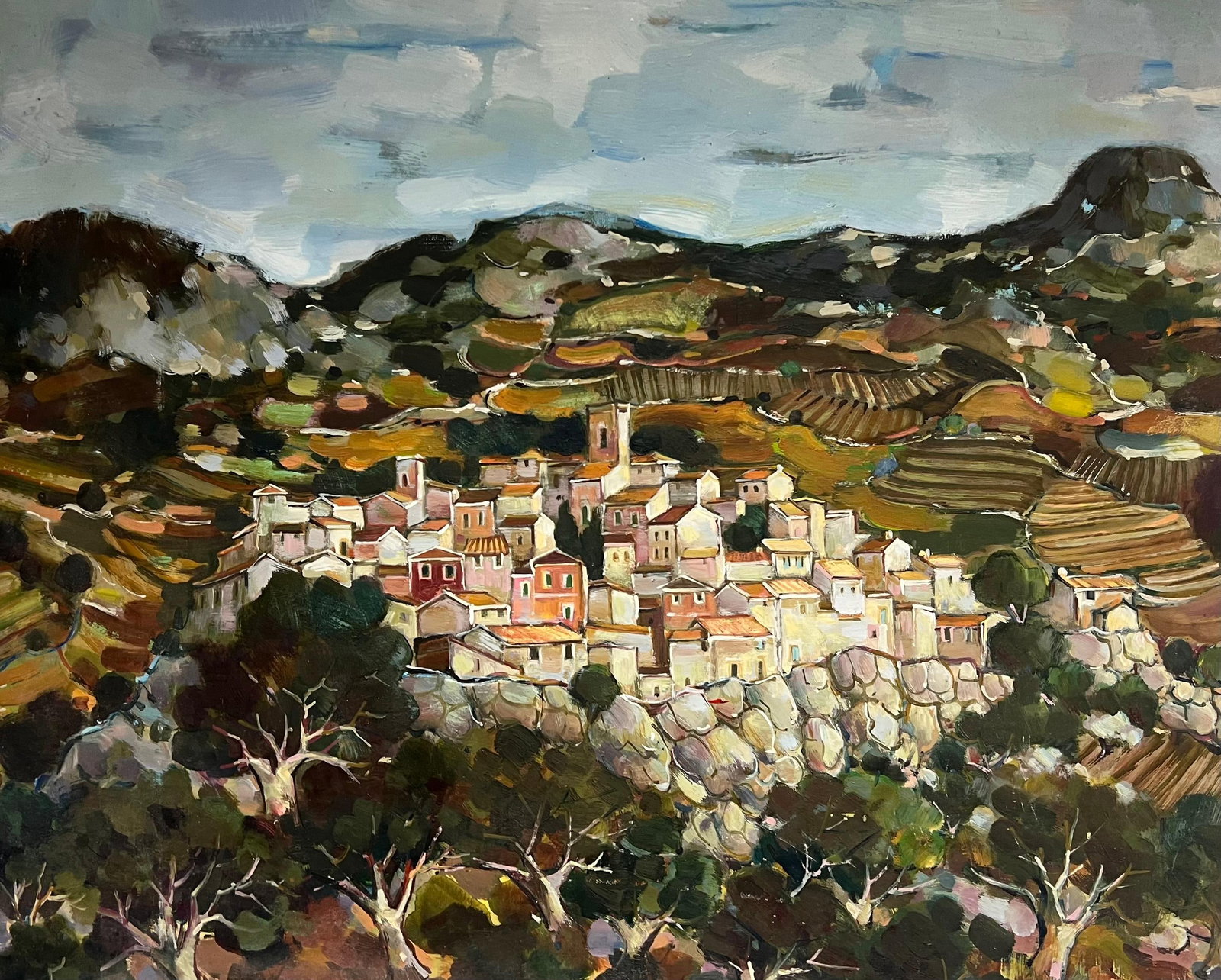 Max Toutain; A Hilltop Village Amid Rolling Hills and Rocky Terraces Cloudy Sky Landscape: Title: Max Toutain; A Hilltop Village Amid Rolling Hills and Rocky Terraces Cloudy Sky Landscape Description: Abstract Expressionist Composition signed by Gilbert Pelissier (French born 1924) oil