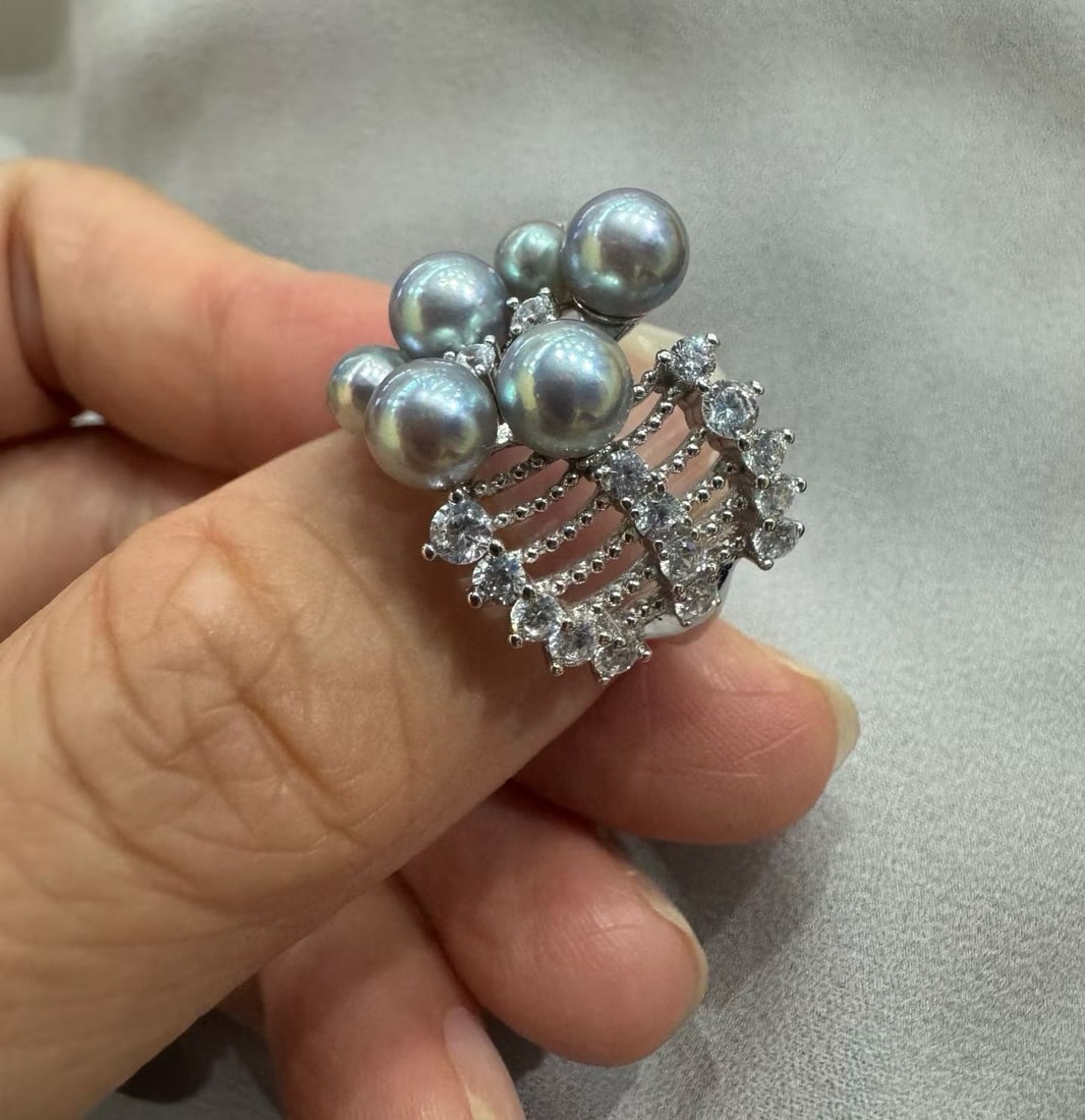 Sterling Silver Inlaid 3-5.5mm Aurora Freshwater Akoya Grey Pearl Ring - 4