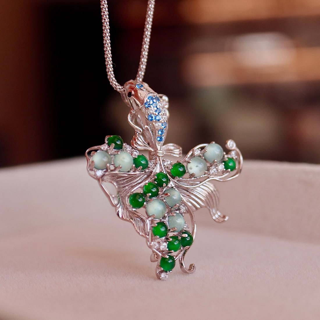 Natural Jade Goldfish Sterling Silver Pendant Brooch - 2