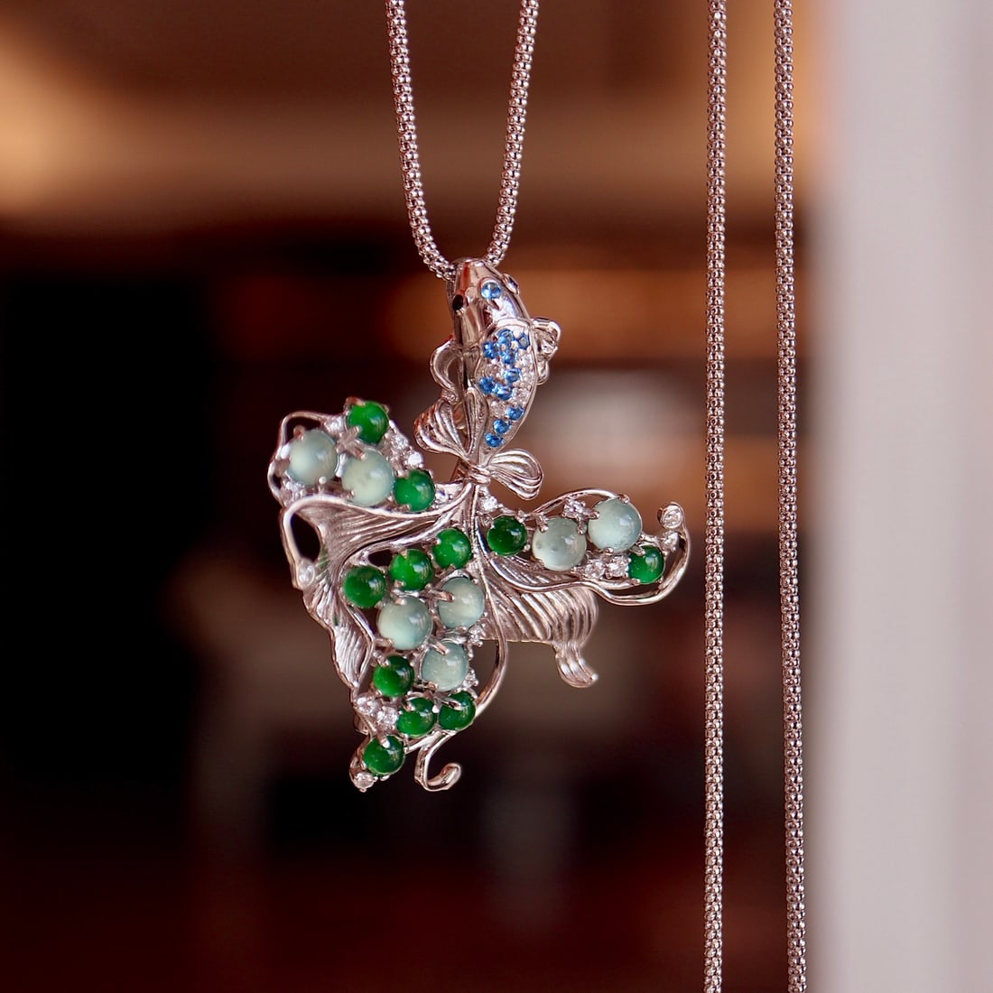 Natural Jade Goldfish Sterling Silver Pendant Brooch - 4