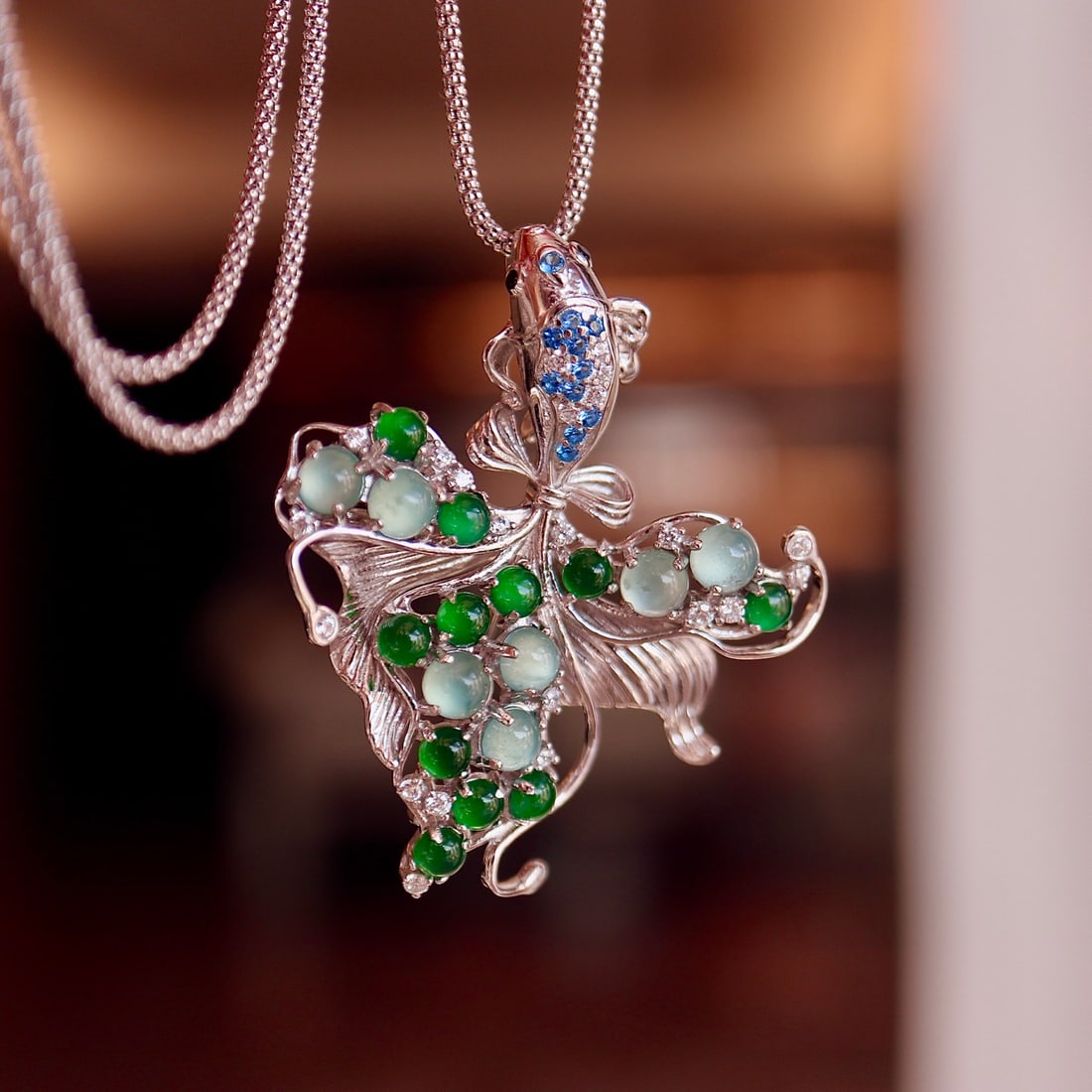 Natural Jade Goldfish Sterling Silver Pendant Brooch - 5