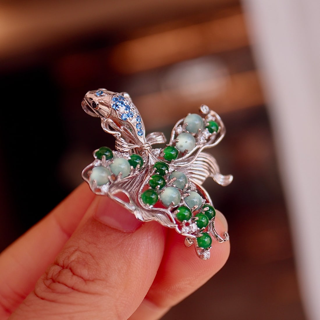 Natural Jade Goldfish Sterling Silver Pendant Brooch - 8