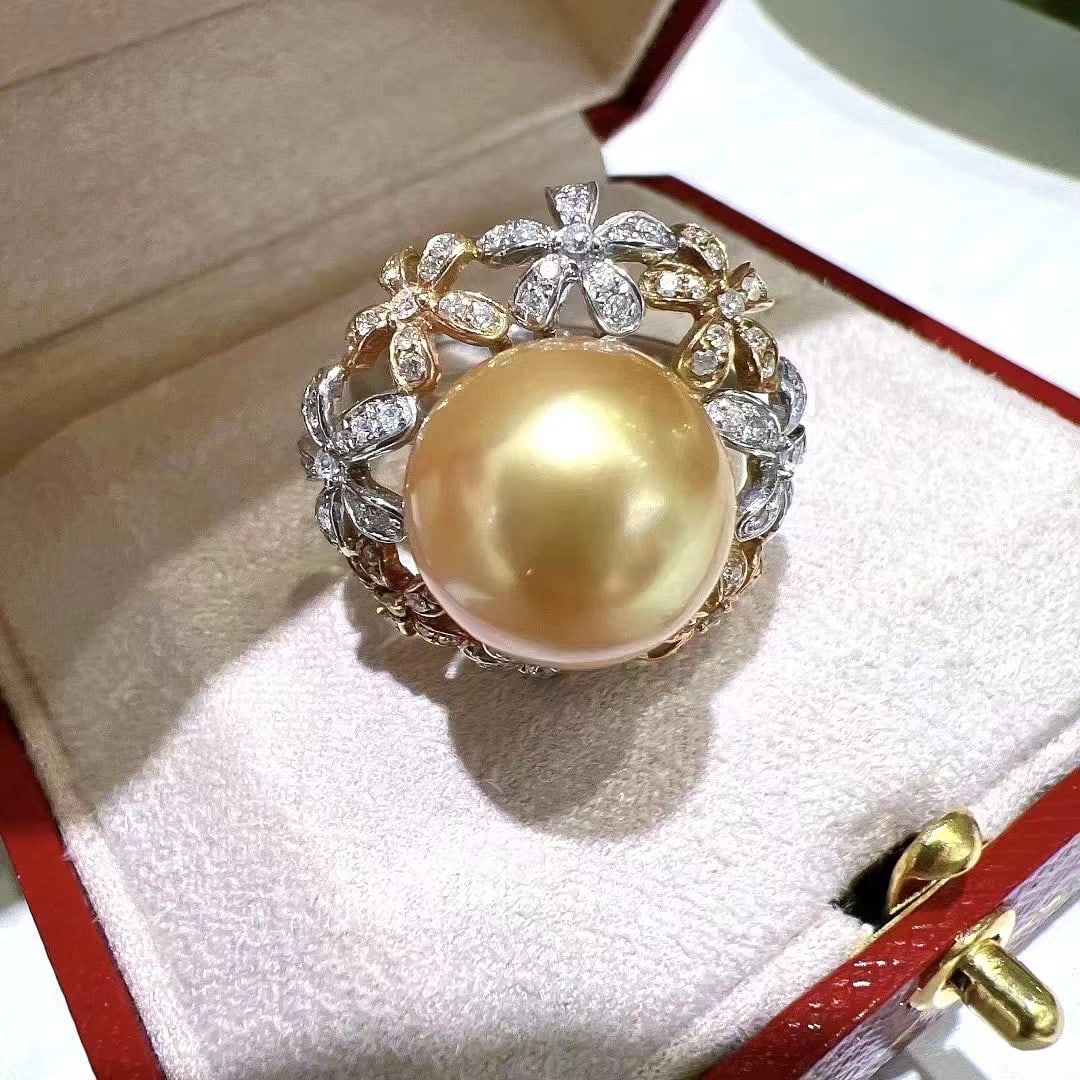 S925 Sterling Silver Ring with Golden Pearl: S925 Sterling Silver Handcrafted Pearl Ring, 13-14MM Pearl Diameter Near Round with Slight Flaws! Adjustable Design Reserve: $300.00 Shipping:Domestic: Shipping rates are determined by