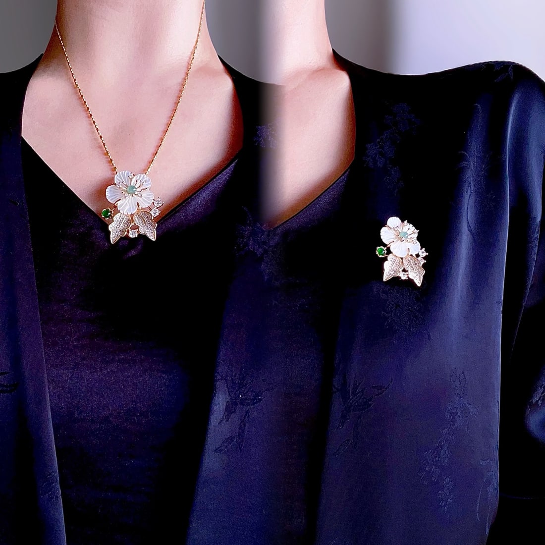 Natural Jade Floral Brooch Pendant - 9