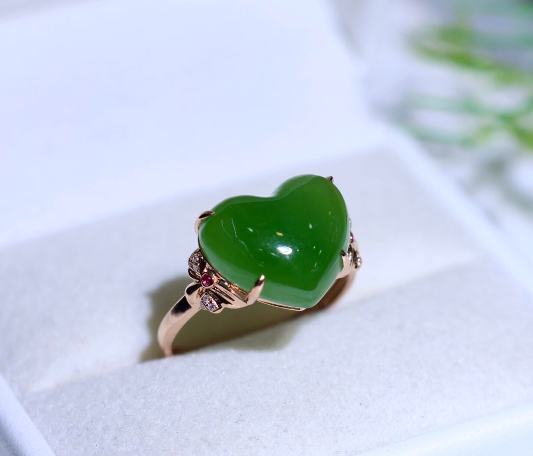 18K Rose Gold with Diamonds Set and Turquoise Jade Ring: 18K Rose Gold Ring with Diamonds and Jade from Hetian, Heart Shape, Size: 14mm, Clean and Beautiful Jade Quality, Adjustable Ring Size 14 Reserve: $700.00 Shipping:Domestic: Shipping rates are