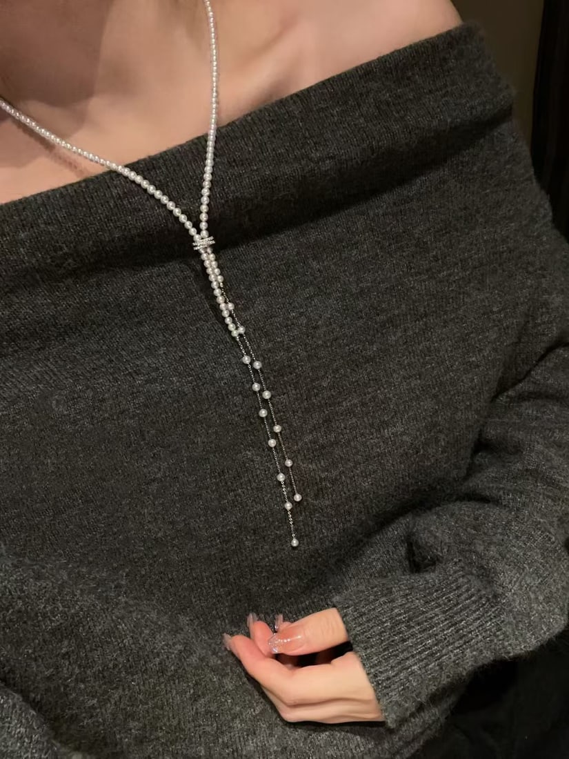 Pearl Waterfall Sweater Chain Necklace - 5