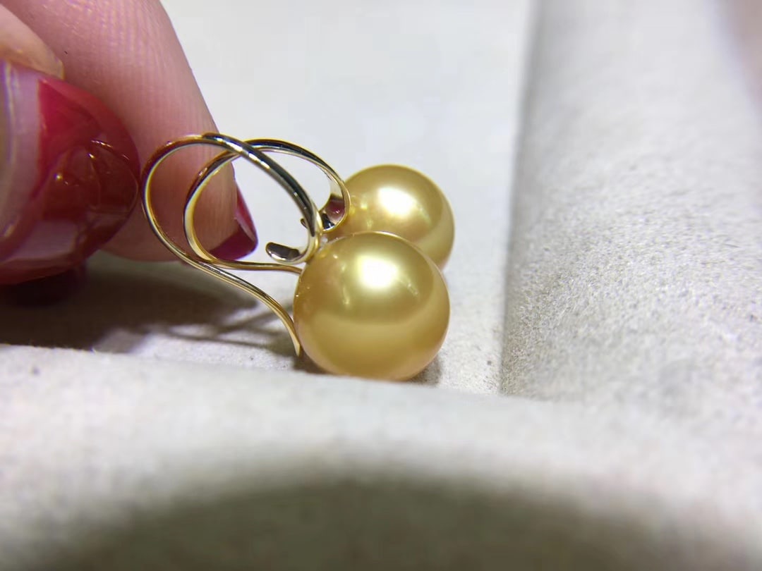 18k Solid Gold High-End South Sea Golden Pearl Earrings Hooks - 3
