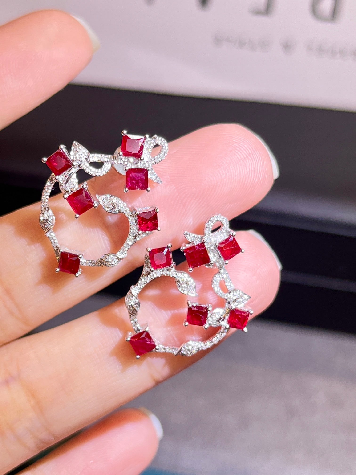 18K Gold Plated Diamond Ruby Stud Earrings - 2