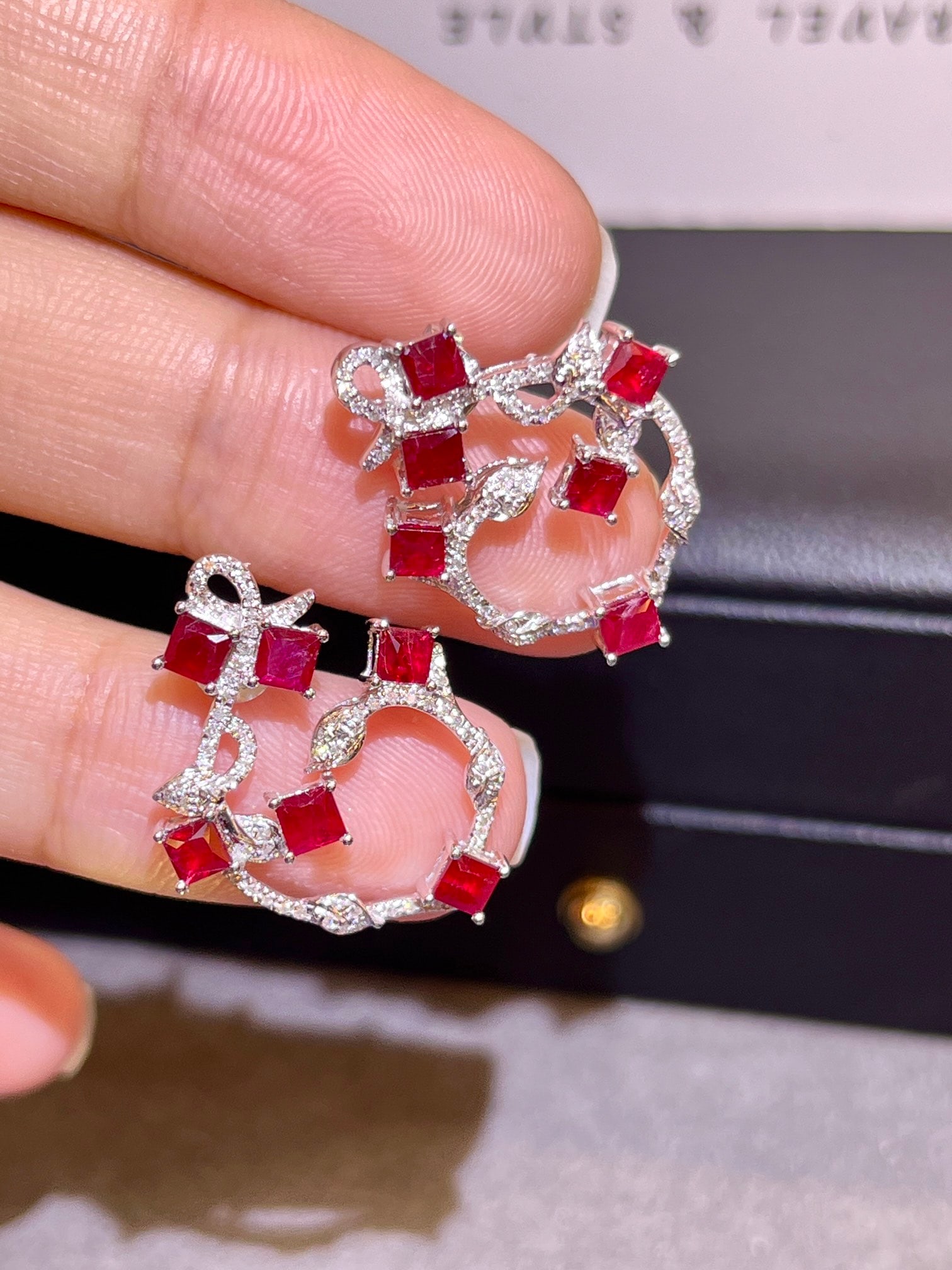 18K Gold Plated Diamond Ruby Stud Earrings - 4