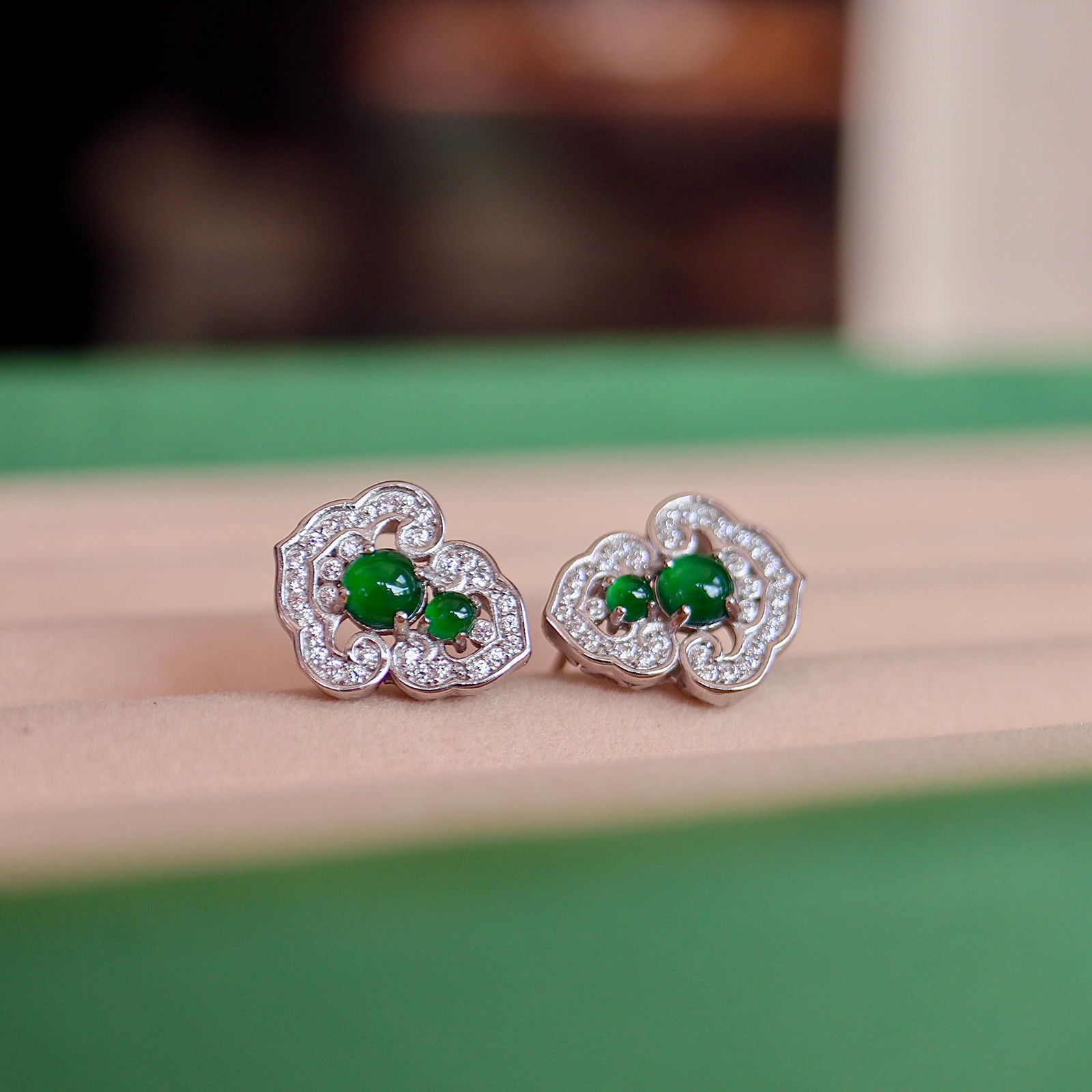 Natural Jade Ruyi Earrings, S925 Silver Inlay - 2