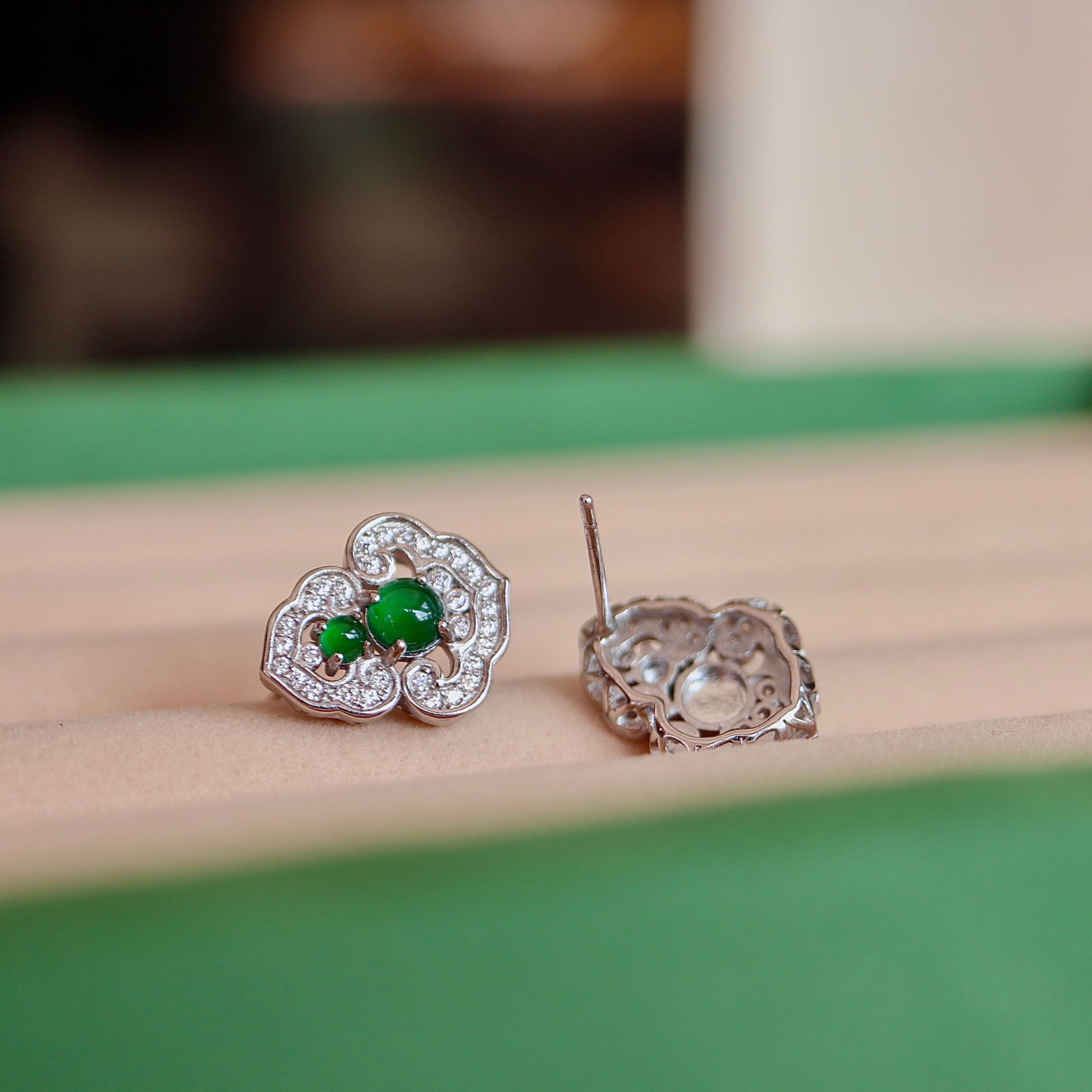 Natural Jade Ruyi Earrings, S925 Silver Inlay - 3