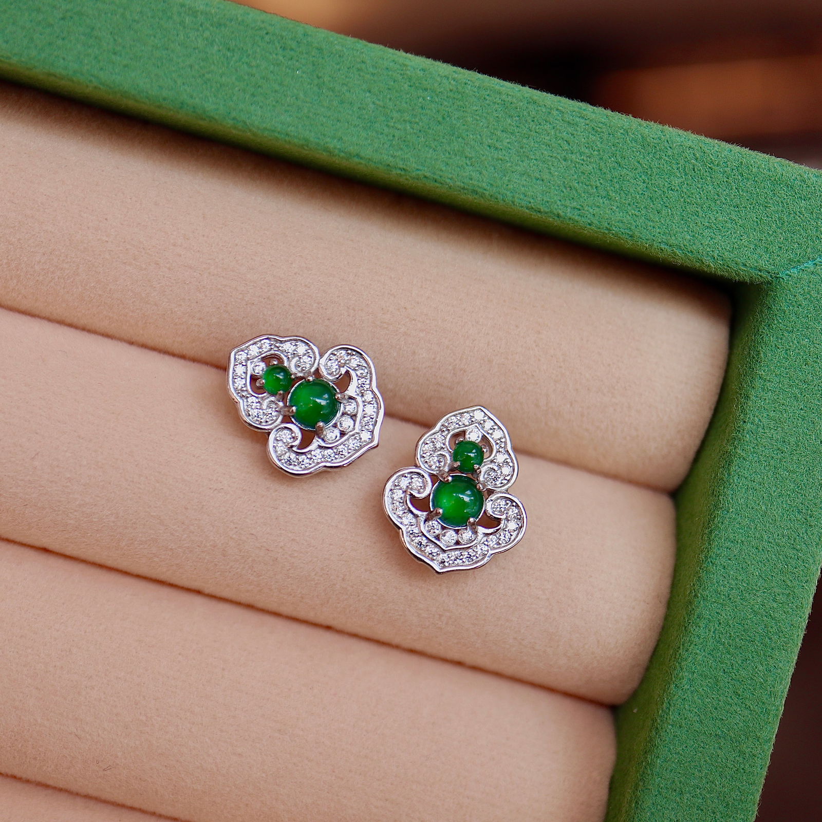 Natural Jade Ruyi Earrings, S925 Silver Inlay - 4