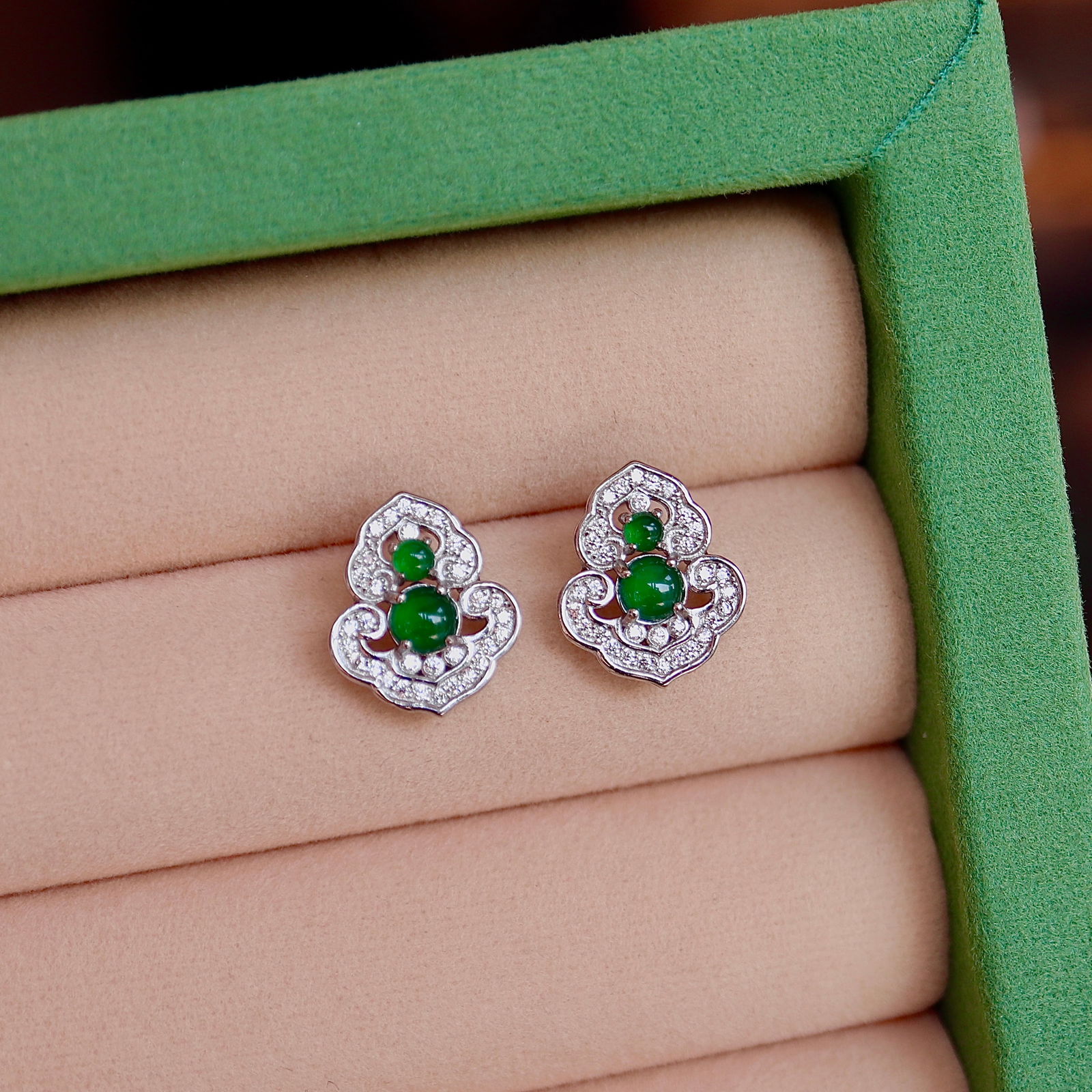 Natural Jade Ruyi Earrings, S925 Silver Inlay - 5