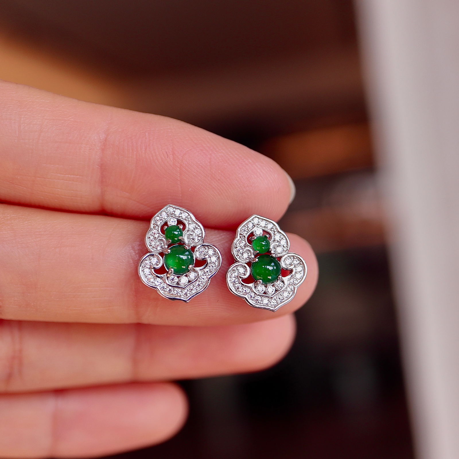 Natural Jade Ruyi Earrings, S925 Silver Inlay - 6