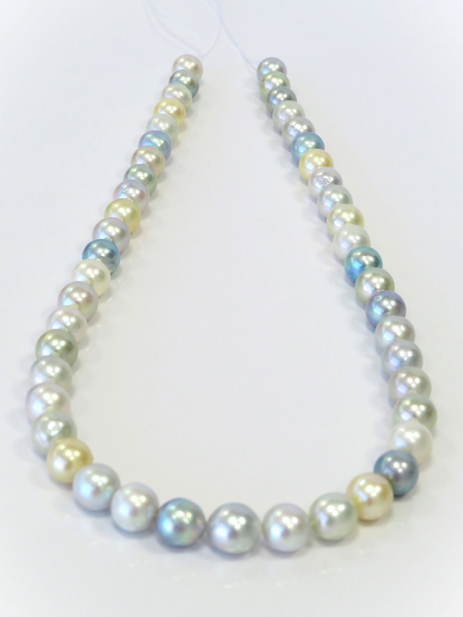 8-9mm Round/Near-Round Multi-Color Blue/White/Golden Akoya Pearl Necklace Strand: Title:8-9mm Round/Near-Round Multi-Color Blue/White/Golden Akoya Pearl Necklace Strand Description:A-AA Grade High luster, Irridescent White/Blue/Golden Round/Near-Round with minimal spots/blemishes,