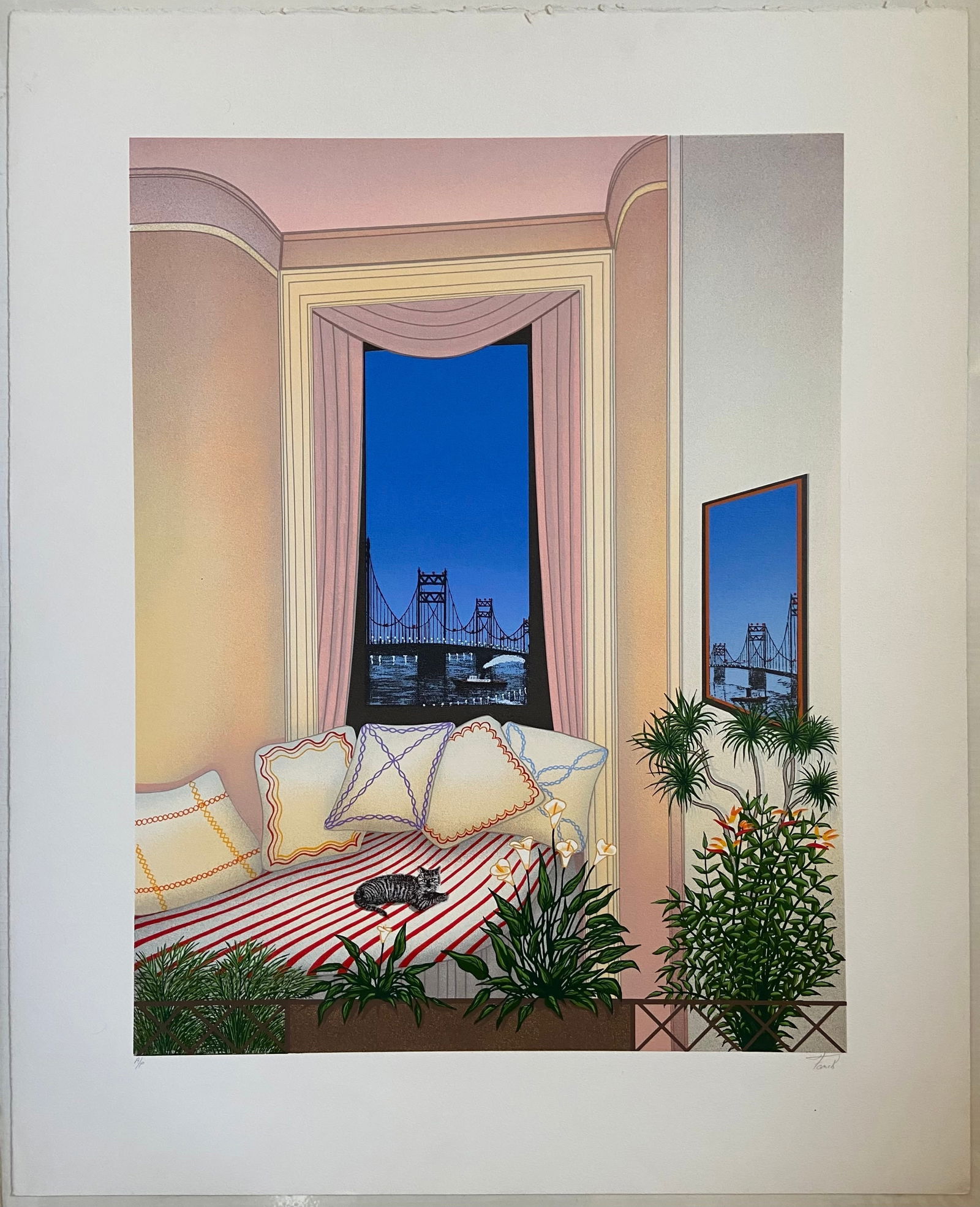 François Ledan: Interior with a bridge and cat: Title: François Ledan: Interior with a bridge and cat Description: Artist: François Ledan Title: Interior with a bridge and cat Type: Work on paper Date: N/A Medium: Lithograph Dimensions: 3