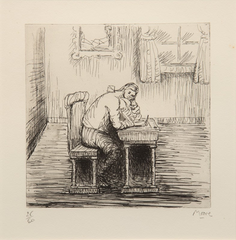 Henry Moore: Girl Doing Homework II: Title: Henry Moore: Girl Doing Homework II Description: Artist: Henry MooreTitle: Girl Doing Homework IIType: Work on paperDate: 1974Medium: EtchingDimensions: Image: 7 x 7 inchesSigned and Dated: