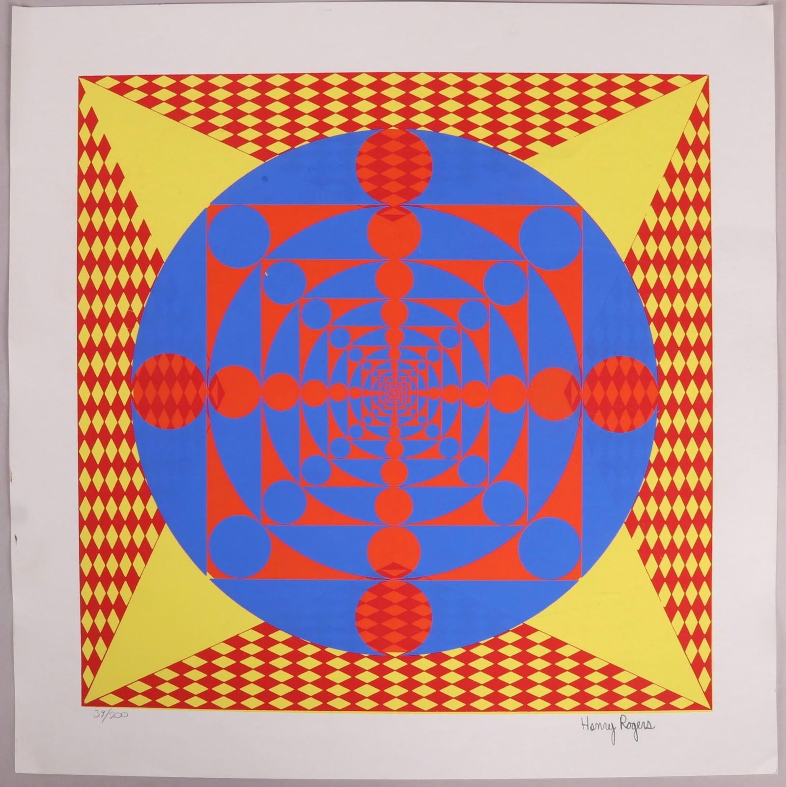 Henry Rogers: Mid Century Modern OP Art print: Title: Henry Rogers: Mid Century Modern OP Art print Description: Artist: Henry Rogers Title: Mid Century Modern OP Art print Type: Work on paper Date: 1960's Medium: Silkscreen Dimensions: 18 1/2 x 1