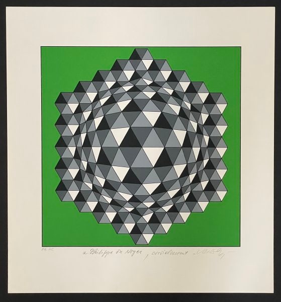Victor Vasarely: Untitled (Green): Title: Victor Vasarely: Untitled (Green) Description: Artist: Victor VasarelyTitle: Untitled (Green)Medium: LithographDimensions: 15 5/8 x 14 5/8 inchesAdditional Information: Signed and dedicated 
