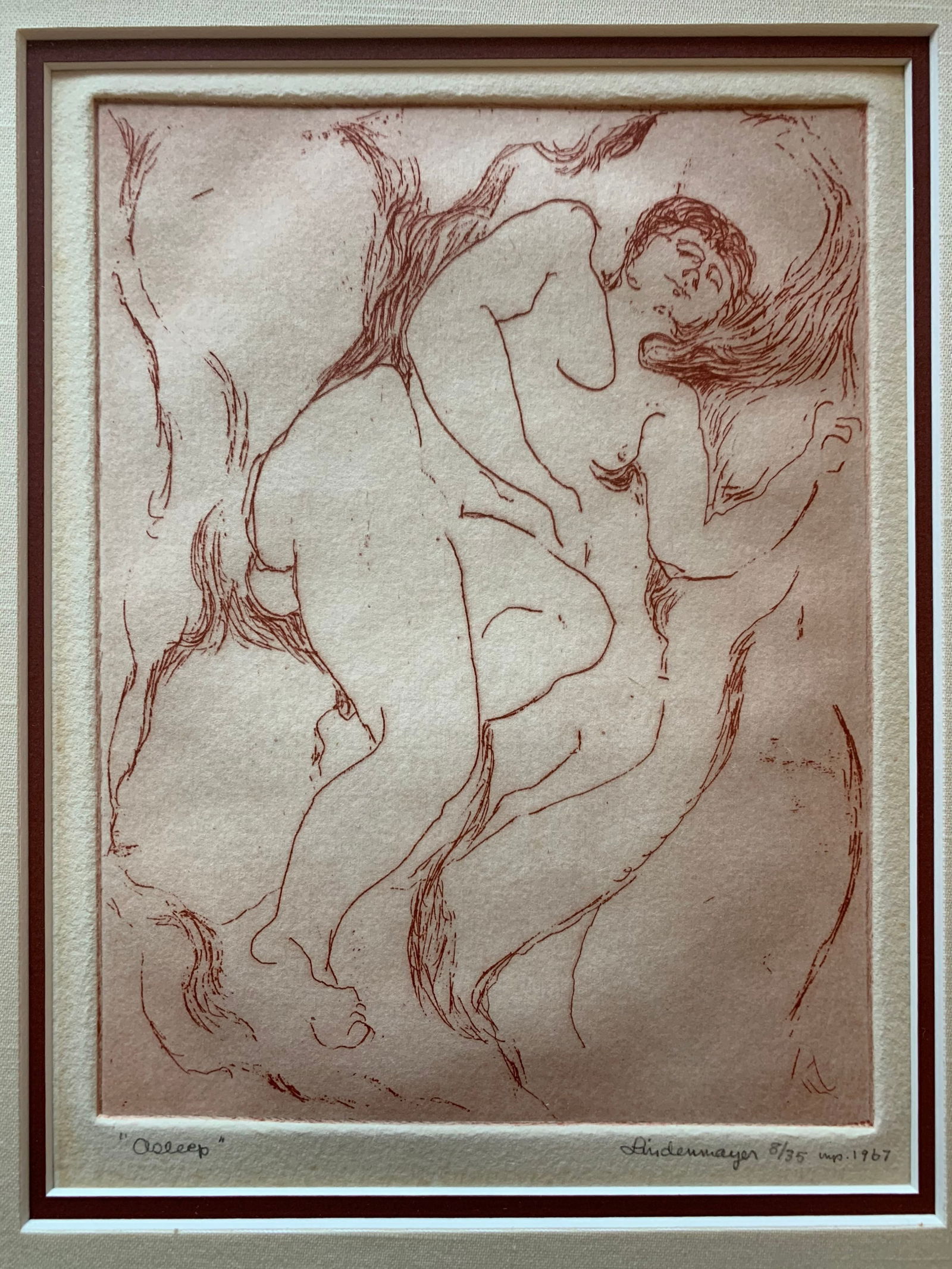 Lindenmayer: Asleep: Title: Lindenmayer: Asleep Description: Artist: LindenmayerTitle: AsleepType: Work on paperDate: 1967Medium: EtchingDimensions: 15.25 x 12.5 inchesSigned and Dated: Signed, dated, titled, and