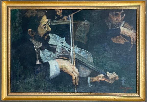 Lillian Gulien: Man with Violin: Title: Lillian Gulien: Man with Violin Description: Artist: Lillian Gulien Title: Man with Violin Date: 1978 Medium: Oil on Board Dimensions: 28 x 40 in ; 71.1 x 101.6 cm Signed and Dated: Signed lowe