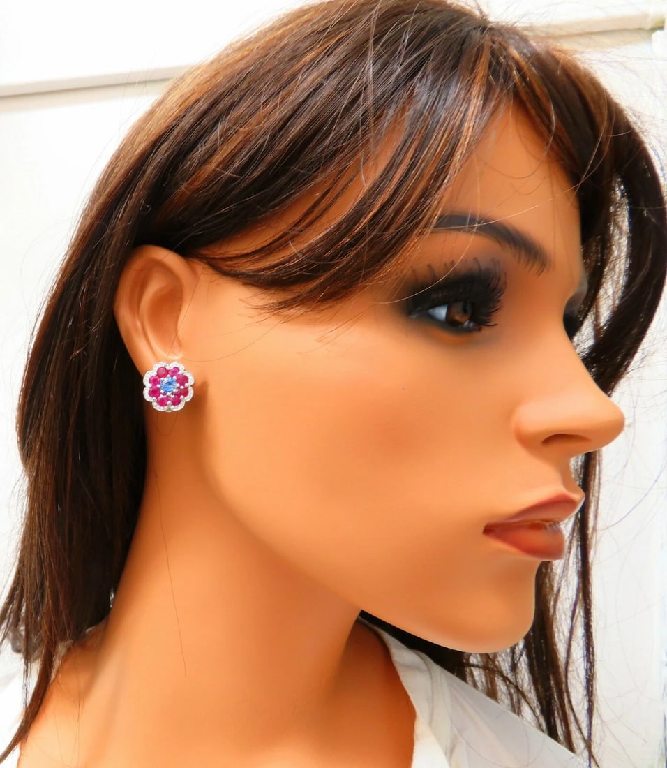 7.30Ct Natural Ruby Sapphire Diamond Cluster Earrings 14 Karat Clip Cocktail - 7