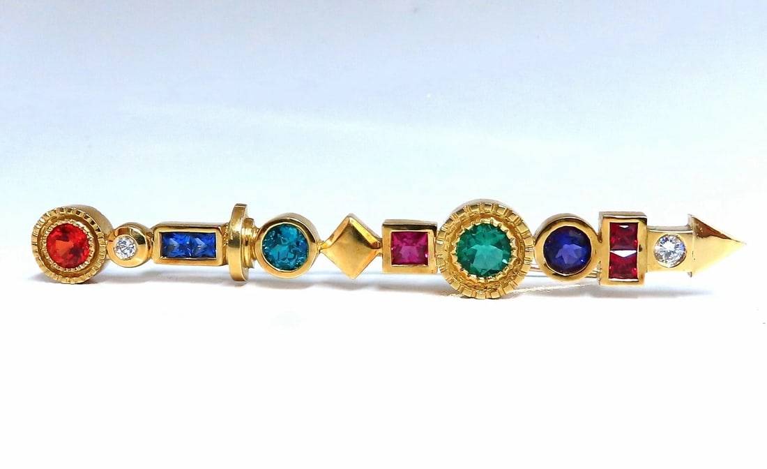 Directional Pin / Hair Pin 14 Karat Colors & Pride Statement**: Title: Directional Pin / Hair Pin 14 Karat Colors & Pride Statement** Description: Direction Arrow Pin / Hair Pin. Round & Square cuts. From Circle on left: .80ct Round orange natural sapphire. .15ct