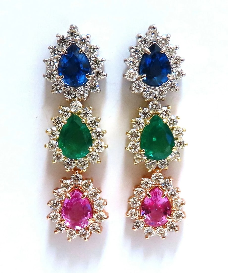 13.24ct Natural Emeralds & Sapphires Three Tier Dangle Earrings 18 Karat Pears** (1 of 5)