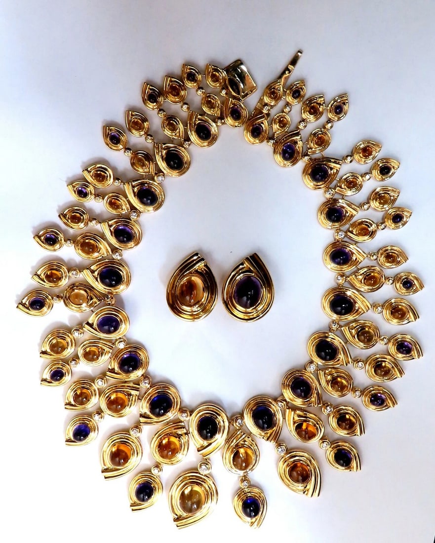 147ct Natural Amethyst Citrine Diamonds Necklace Earrings Magnificent 18 Karat**: Title: 147ct Natural Amethyst Citrine Diamonds Necklace Earrings Magnificent 18 Karat** Description: MAGNIFICENT JEWELS 126ct. Natural Amethyst Citrine Necklace Earrings Suite Cabochon Cut Purple Amet