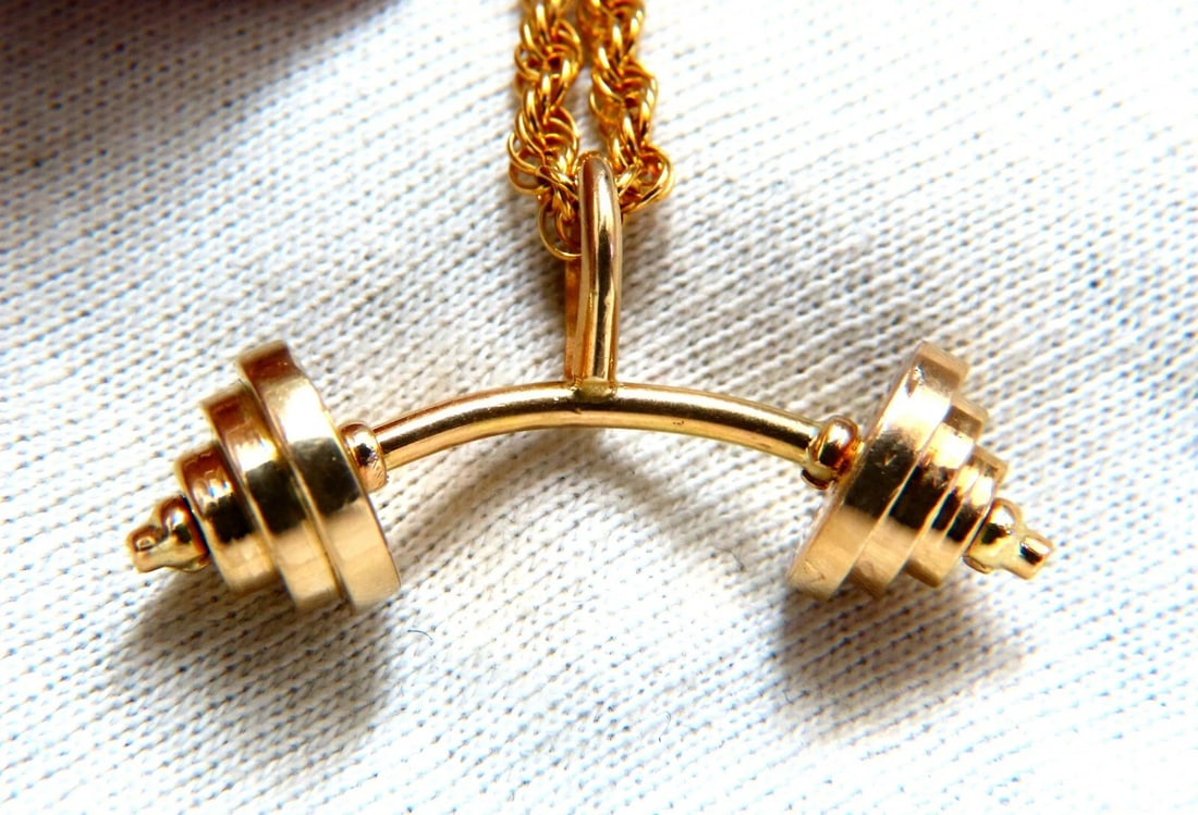 Heavy Weight Gym Weight Lifter Bench Press Dumbbell Rope Chain Necklace 14kt**: Title: Heavy Weight Gym Weight Lifter Bench Press Dumbbell Rope Chain Necklace 14kt** Description: Weight Lifter Bar Bent Dumbbell & 30 Rope Necklace: 30 Inches (wearable length) Rope Chain Caliber 3.