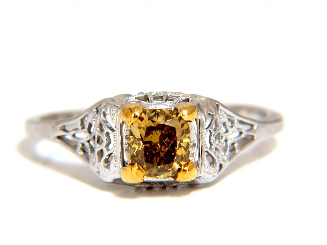 .57ct Natural Fancy Orange Brown Diamond Vintage Gilt Ring 14 Karat: Title: .57ct Natural Fancy Orange Brown Diamond Vintage Gilt Ring 14 Karat Description: MAGNIFICENT JEWELS Vintage Gilt .57ct. Natural Fancy Orange brown round brilliant diamond ring. Vs-2 clarity and