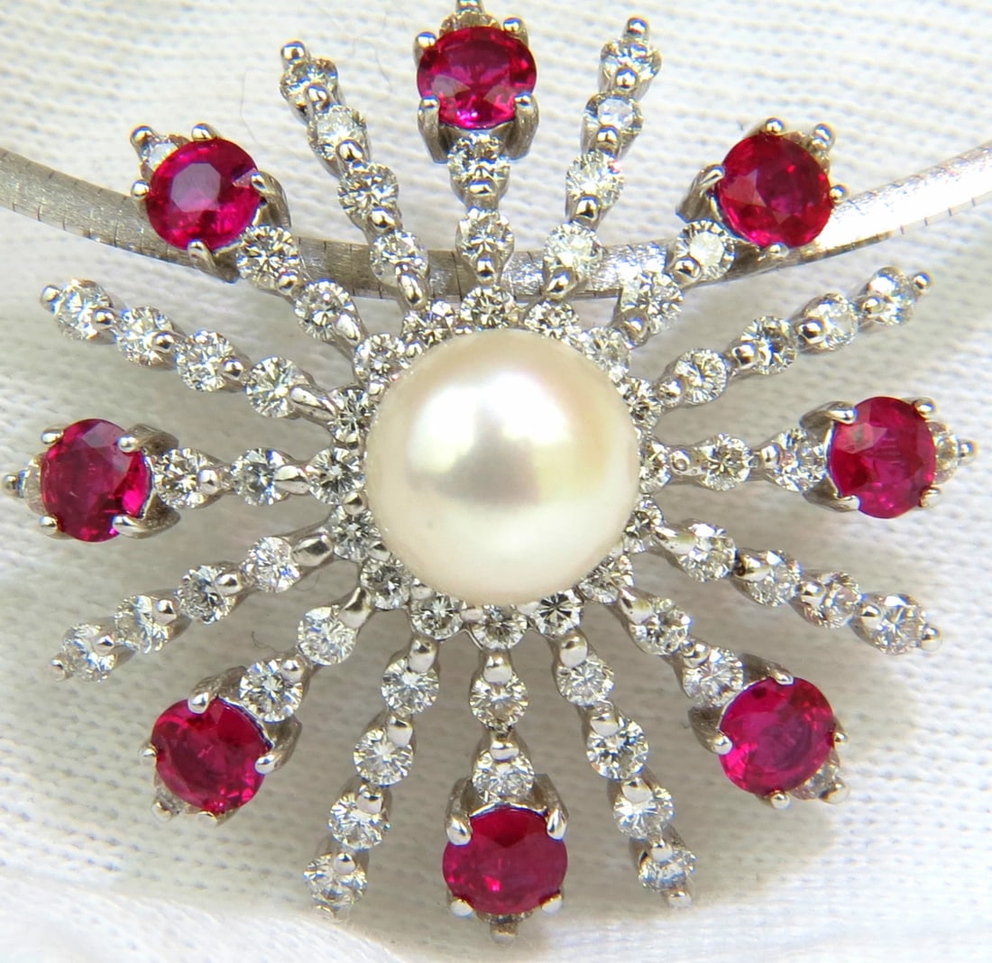 5.75CT NATURAL GEM RUBY DIAMOND 3D STAR BURST PEARL PENDANT **: Title: 5.75CT NATURAL GEM RUBY DIAMOND 3D STAR BURST PEARL PENDANT ** Description: Star Burst 3d Pendant and necklace 9.50mm Cultured Pearl Excellent luster No pits nicks or dents. 3.00ct. Natural Red
