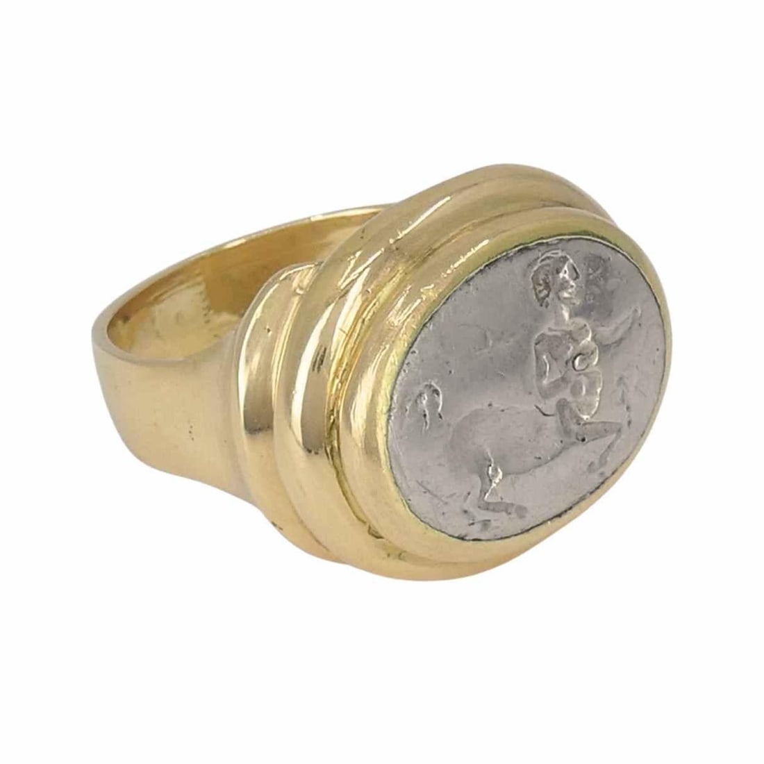 Vintage Bvlgari 18k Gold Ancient Silver Magna Grecia Centaur Ring - 11