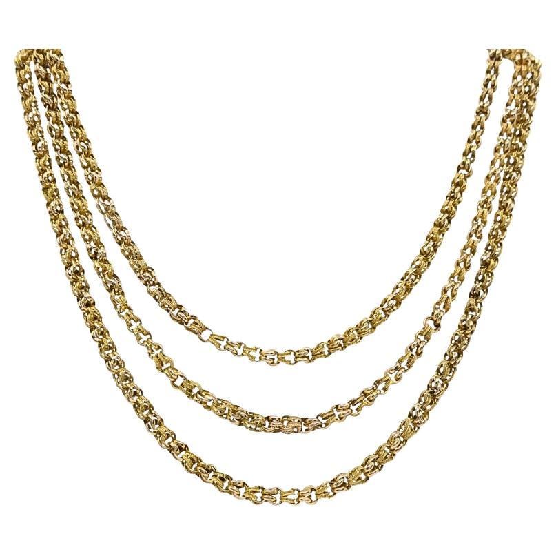 Victorian 10k Gold Textured Rope Link Long Chain Necklace: Title: Victorian 10k Gold Textured Rope Link Long Chain Necklace Description: This antique Victorian 10k gold long chain necklace offers a classic rope link design with strong visual texture and