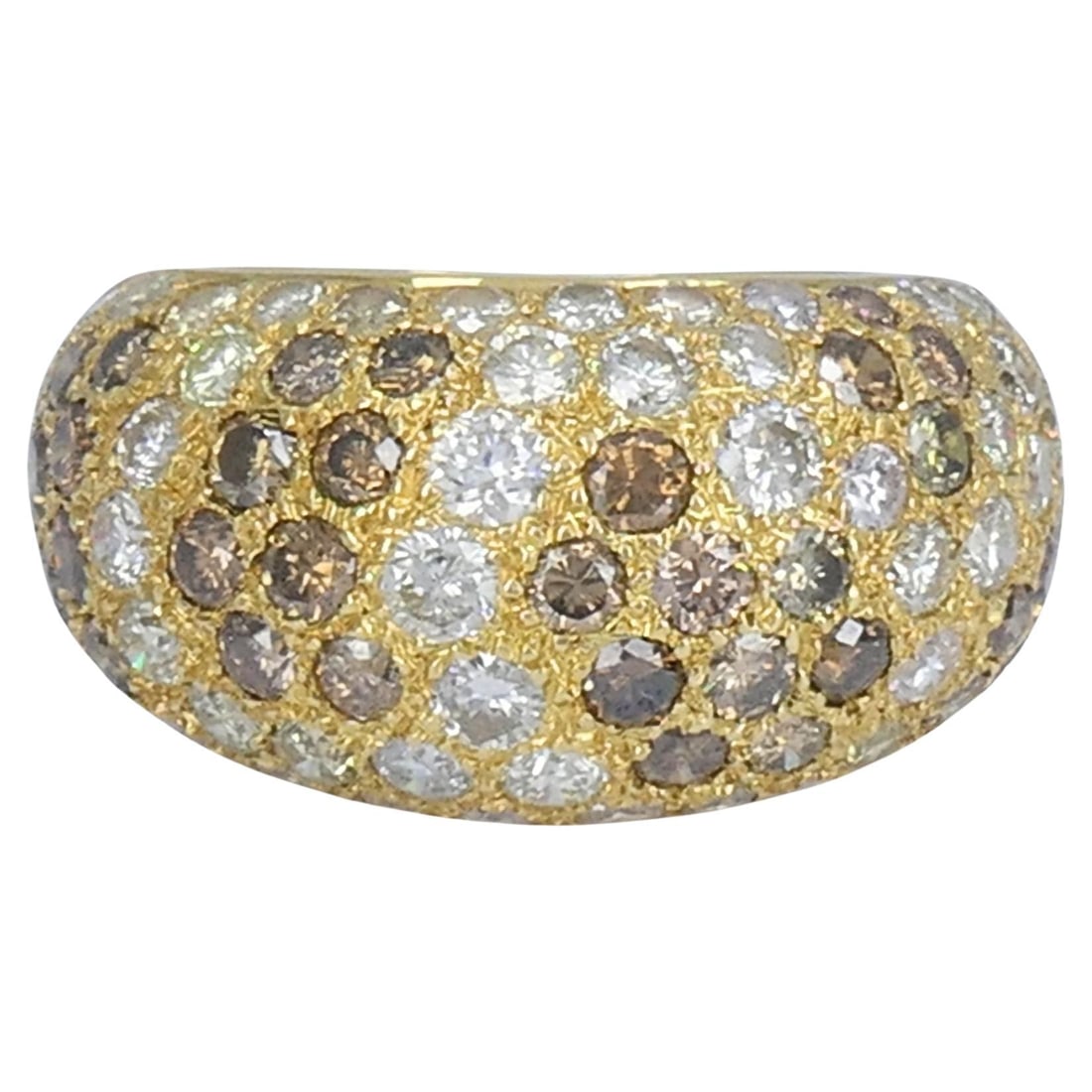 Vintage Cartier Sauvage 18k Gold White Brown Pavé Diamond Dome Ring: Title: Vintage Cartier Sauvage 18k Gold White Brown Pavé Diamond Dome Ring Description: This Cartier pavé dome ring, crafted in 18K yellow gold and dated 1994, reflects the refined style