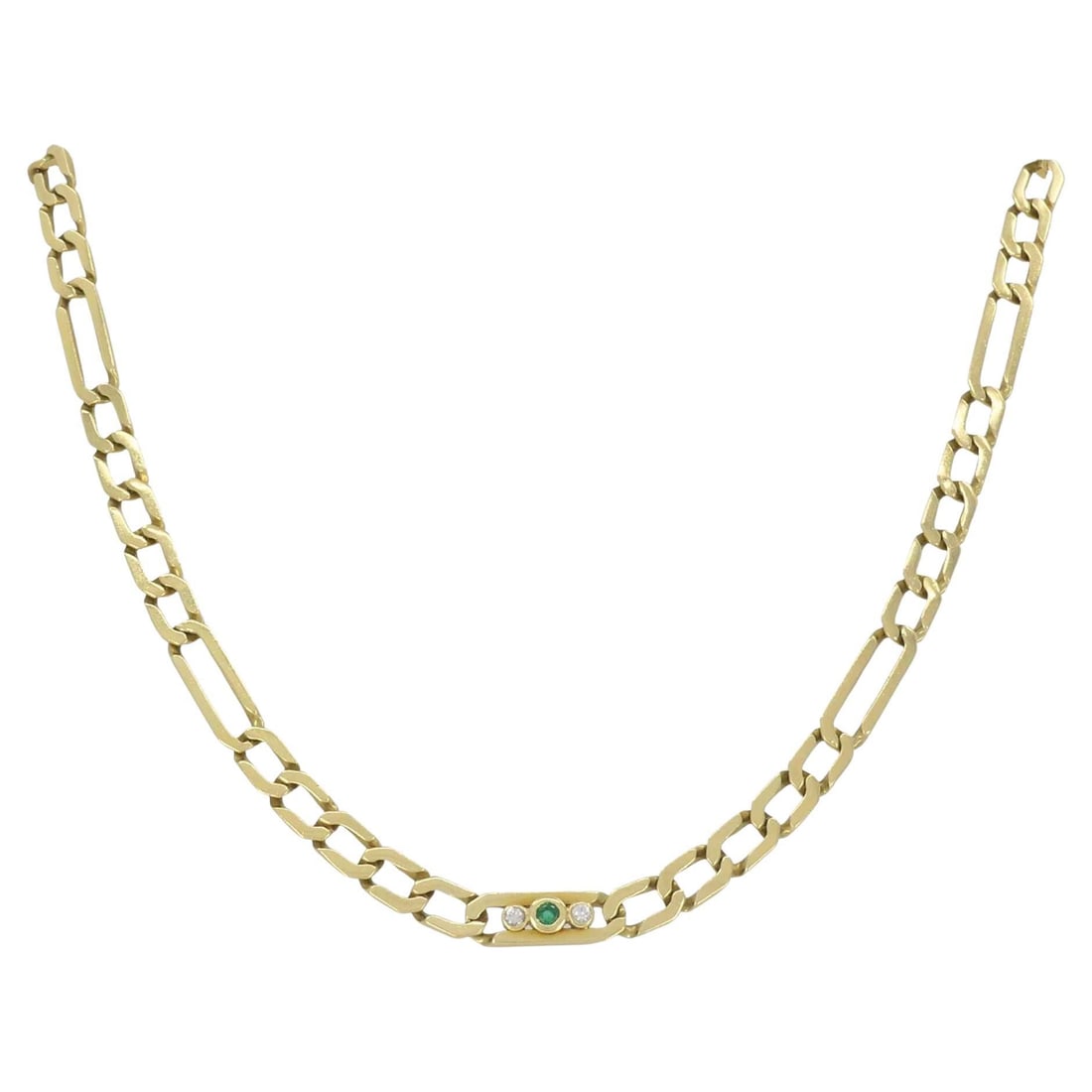 Vintage Cartier 18k Gold Emerald Diamond Chain Link Necklace: Title: Vintage Cartier 18k Gold Emerald Diamond Chain Link Necklace Description: This vintage Cartier necklace embodies the refined minimalism and crisp geometry that defined the house’s late-19